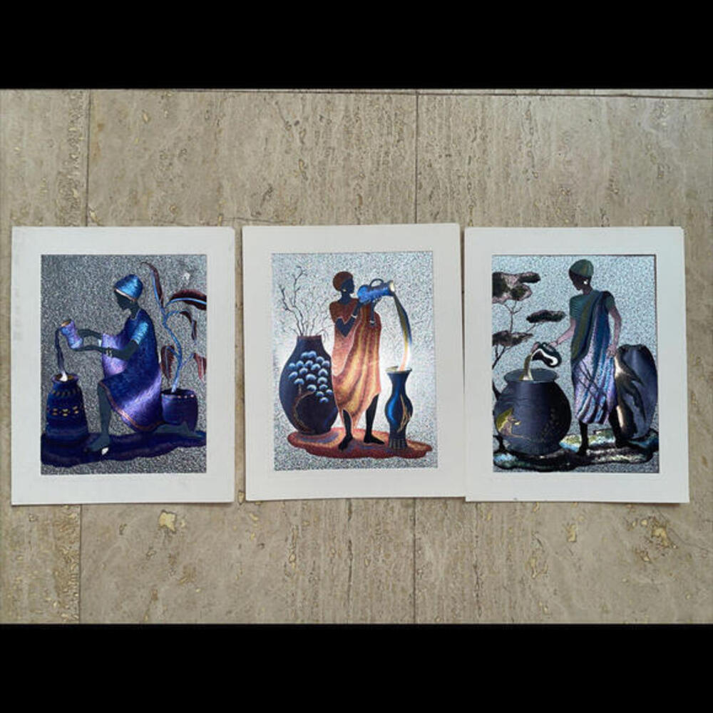 90’s SCAFA Tornabene Blue Foil‎ Art Print of African Woman Set Of 3